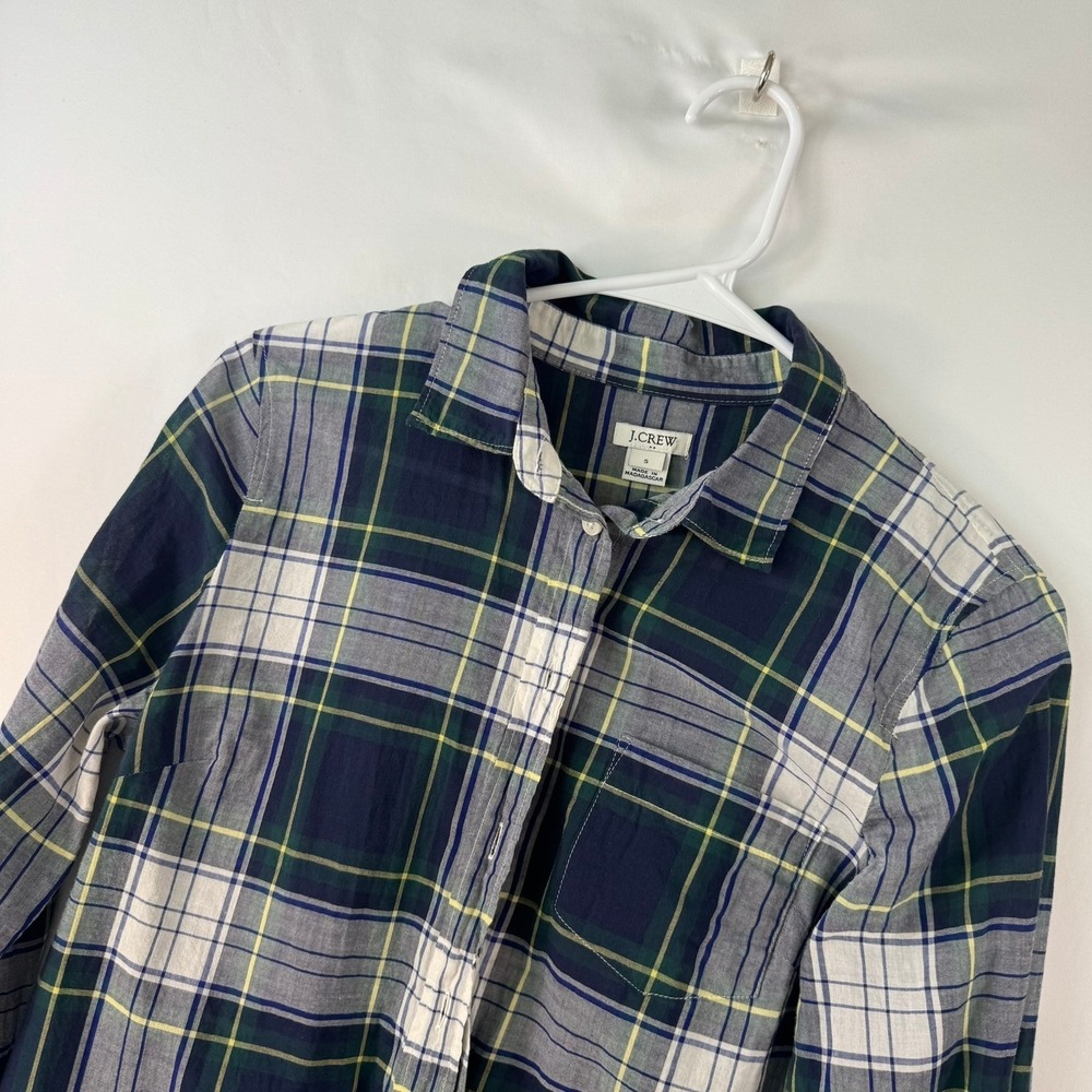 J.Crew Mens Small Plaid Button Down Shirt Navy Blue Green Cotton Long Sleeve
